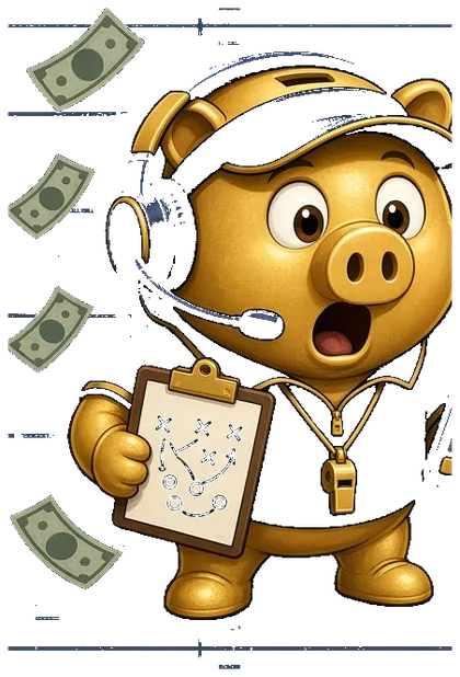 Cartoon piggy bank dressed as a coach, with a headset and a clipboard.