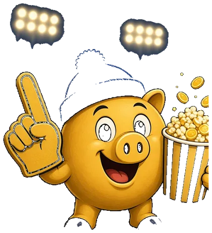 Cartoon piggy bank dressed as a fan, in a team jersey and cap, holding a pennant.