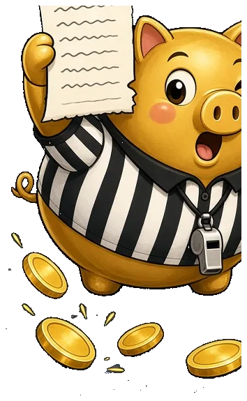 Cartoon piggy bank dressed as a referee, in a striped shirt, with a whistle.